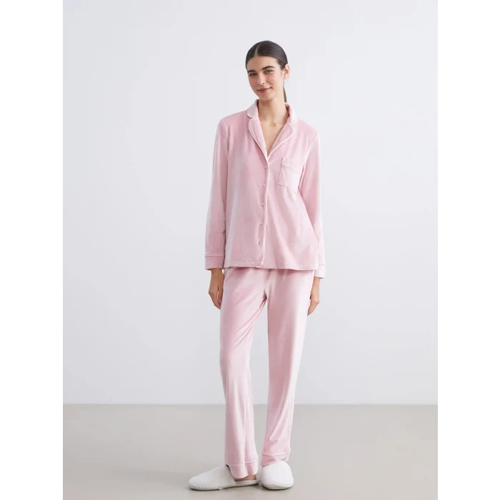 LCW DREAM Pembe Gömlek Yaka Kadife Kadın Pijama Takımı