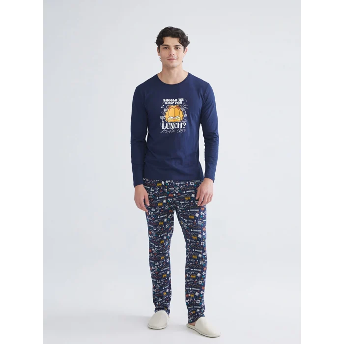 LC WAIKIKI Lacivert Standart Kalıp Garfield Baskılı Erkek Pijama Takımı