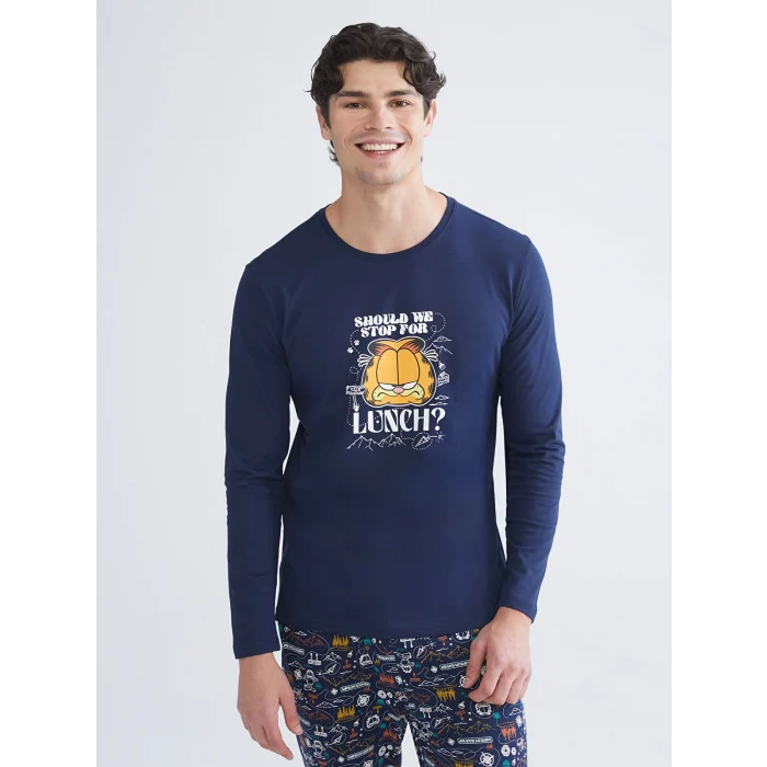 LC WAIKIKI Lacivert Standart Kalıp Garfield Baskılı Erkek Pijama Takımı