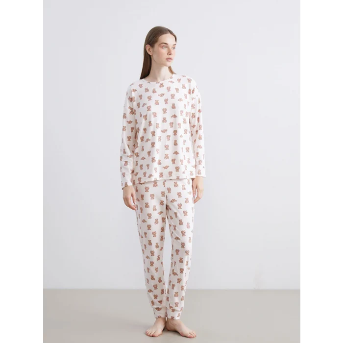 LCW Young Pembe Bisiklet Yaka Ayı Baskılı Kadın Pijama Takımı