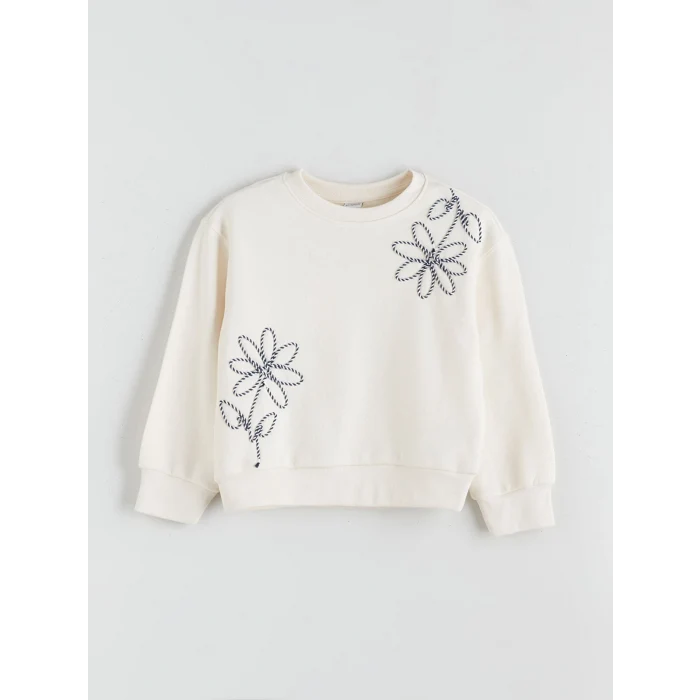 LCW Kids Ekru Bisiklet Yaka Çiçekli Kız Çocuk Sweatshirt