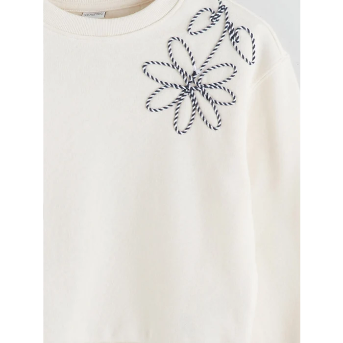 LCW Kids Ekru Bisiklet Yaka Çiçekli Kız Çocuk Sweatshirt