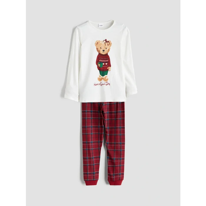 LCW Kids Ekru Teddy Ayı Baskılı Kız Çocuk Pijama Takımı