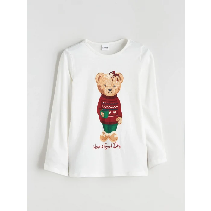 LCW Kids Ekru Teddy Ayı Baskılı Kız Çocuk Pijama Takımı