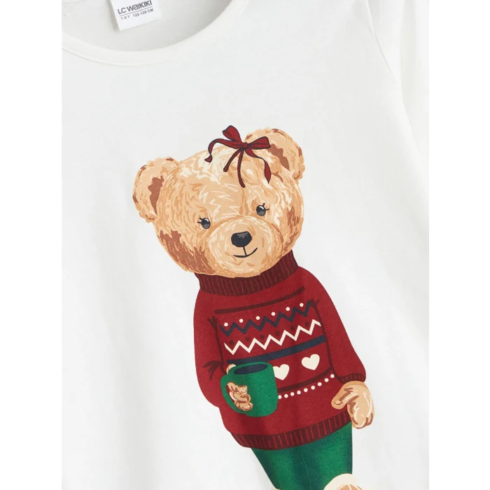 LCW Kids Ekru Teddy Ayı Baskılı Kız Çocuk Pijama Takımı