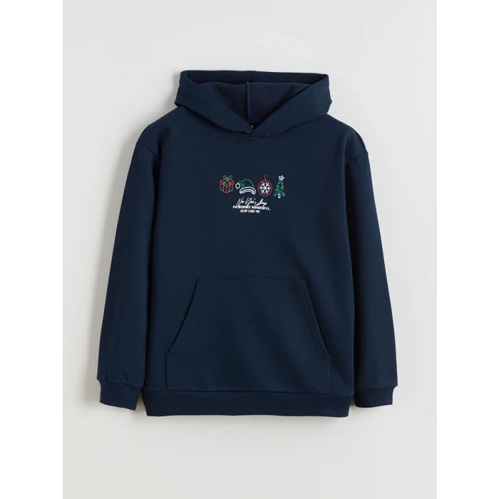 LCW Kids Lacivert Kapüşonlu Yılbaşı Temalı Erkek Çocuk Sweatshirt
