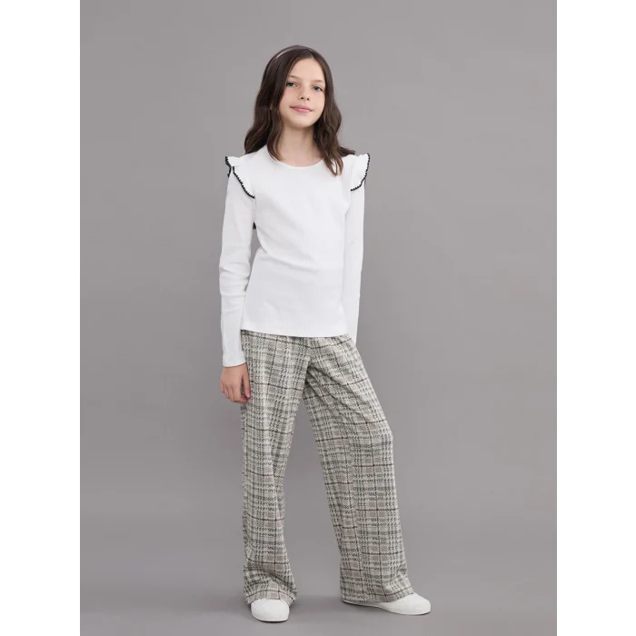 LCW Kids Bej Beli Lastikli Ekose Kız Çocuk Pantolon