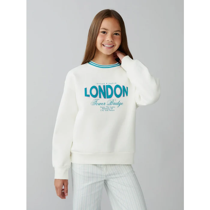 LCW Kids Ekru London Baskılı Kız Çocuk Kalın Sweatshirt