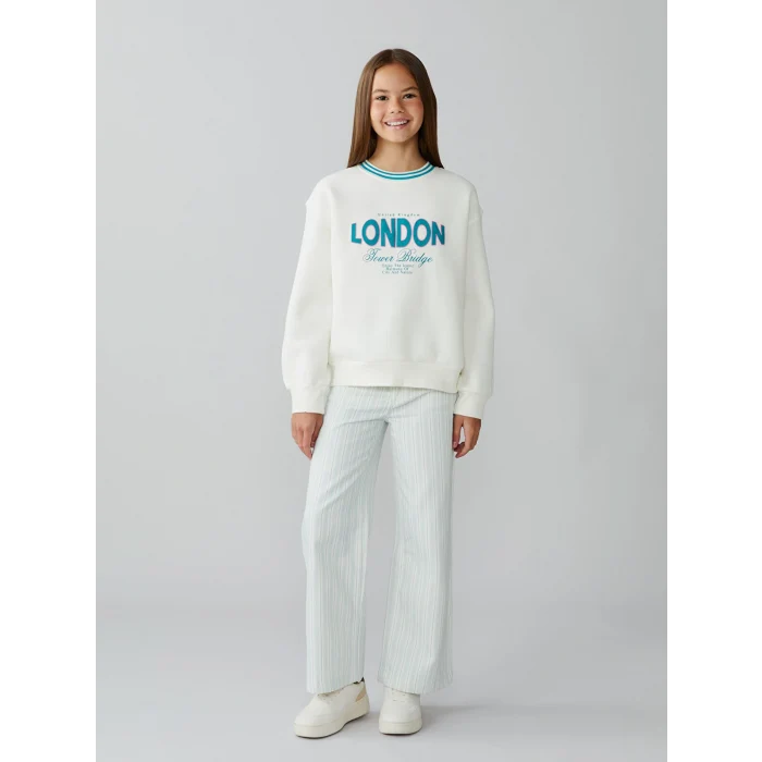 LCW Kids Ekru London Baskılı Kız Çocuk Kalın Sweatshirt