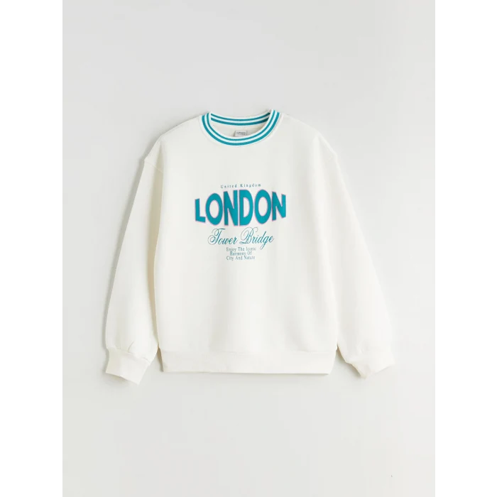 LCW Kids Ekru London Baskılı Kız Çocuk Kalın Sweatshirt