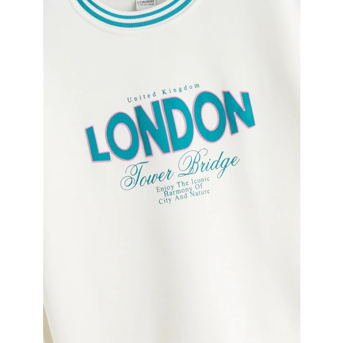LCW Kids Ekru London Baskılı Kız Çocuk Kalın Sweatshirt