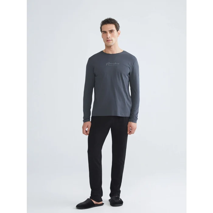 LC WAIKIKI Siyah Bisiklet Yaka Uzun Kollu Erkek Pijama Takımı