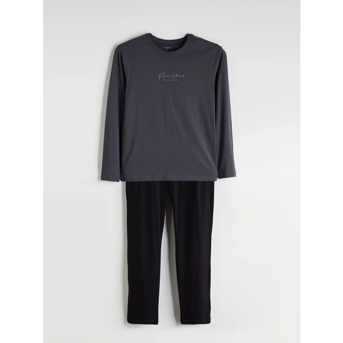 LC WAIKIKI Siyah Bisiklet Yaka Uzun Kollu Erkek Pijama Takımı