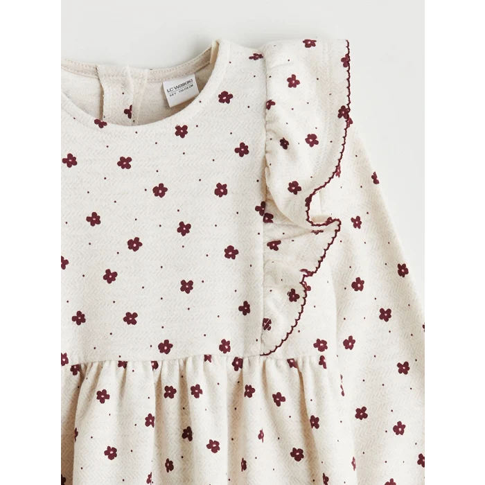 LCW Kids Ekru Bisiklet Yaka Çiçekli Kız Çocuk Elbise