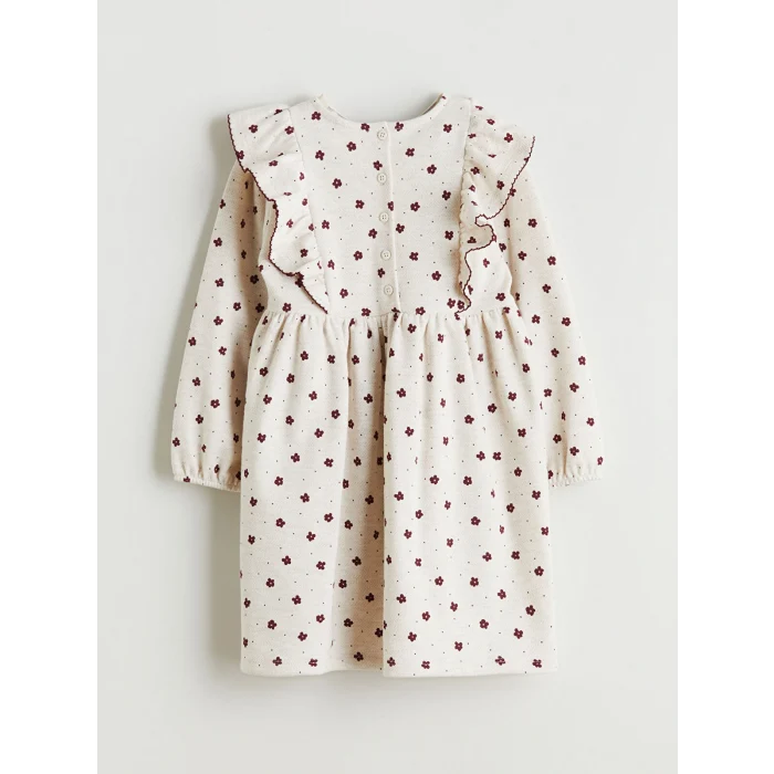 LCW Kids Ekru Bisiklet Yaka Çiçekli Kız Çocuk Elbise