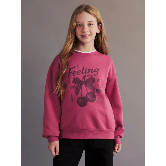 LCW Kids Pembe Bisiklet Yaka Kiraz Baskılı Kız Çocuk Sweatshirt