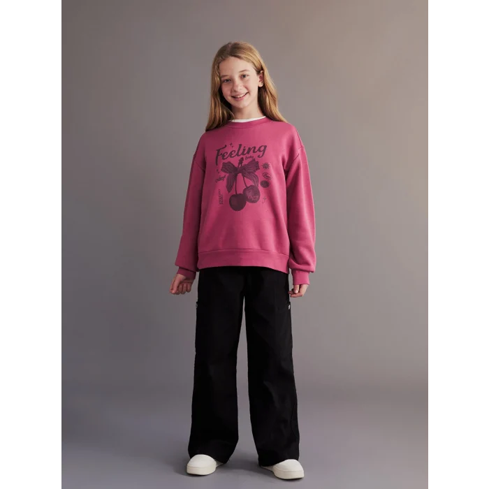 LCW Kids Pembe Bisiklet Yaka Kiraz Baskılı Kız Çocuk Sweatshirt