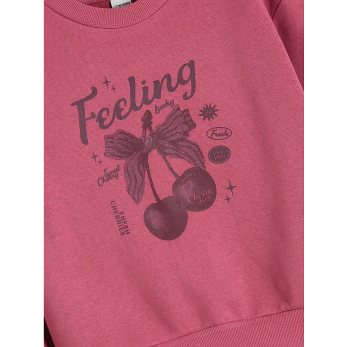 LCW Kids Pembe Bisiklet Yaka Kiraz Baskılı Kız Çocuk Sweatshirt