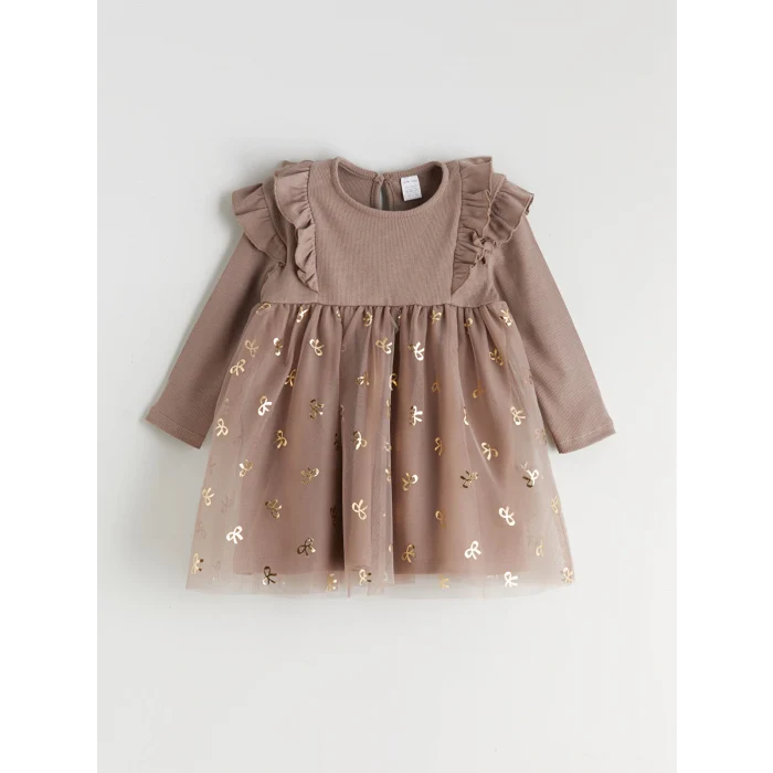 LCW baby Kahverengi Bisiklet Yaka Kız Bebek Tütü Elbise