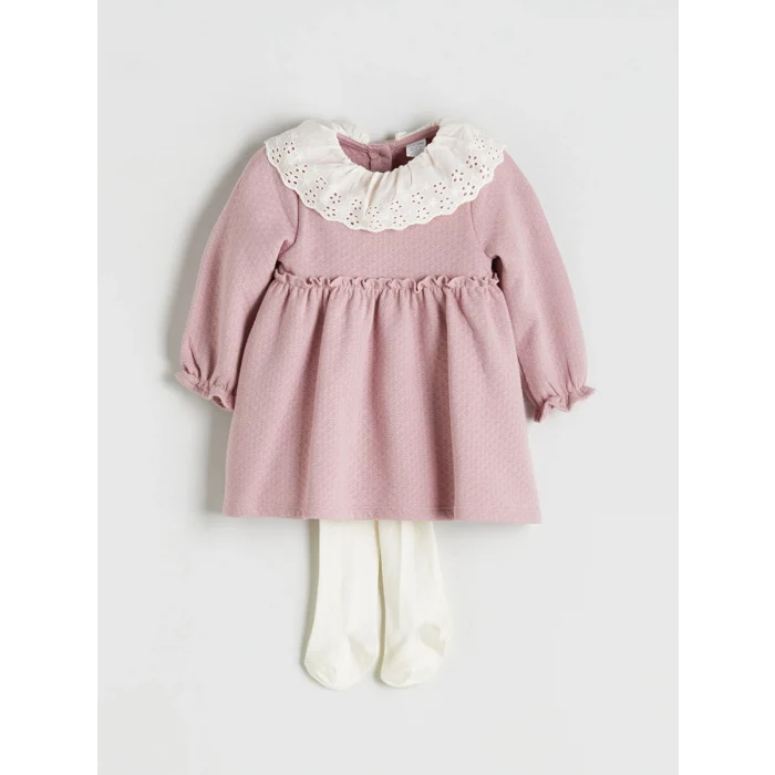 LCW baby Pembe Bebe Yaka Kız Bebek Elbise ve Külotlu Çorap