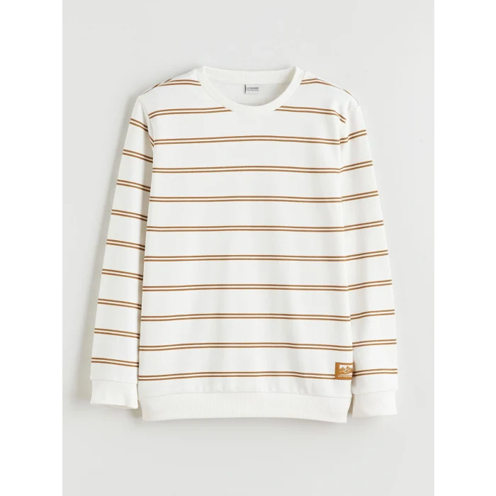 LCW Kids Kahverengi Bisiklet Yaka Çizgili Erkek Çocuk Sweatshirt