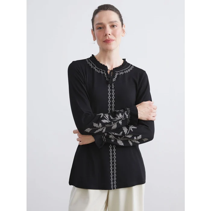 LCW Grace Siyah Fırfırlı Bağlamalı Yaka Desenli Bluz