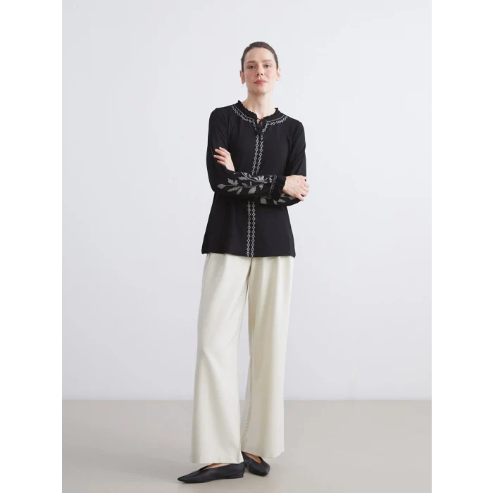 LCW Grace Siyah Fırfırlı Bağlamalı Yaka Desenli Bluz