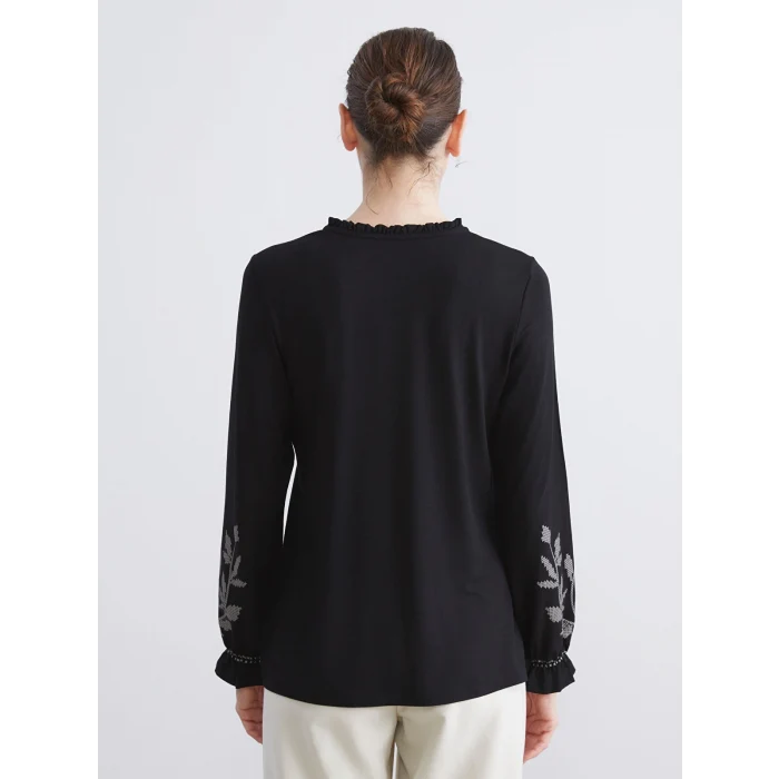 LCW Grace Siyah Fırfırlı Bağlamalı Yaka Desenli Bluz