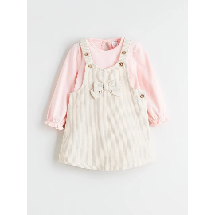 LCW baby Bej Fiyonk Detaylı Kadife Kız Bebek Salopet Elbise ve Tişört
