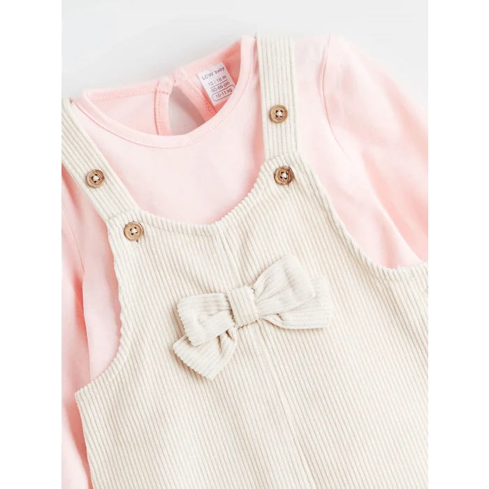 LCW baby Bej Fiyonk Detaylı Kadife Kız Bebek Salopet Elbise ve Tişört