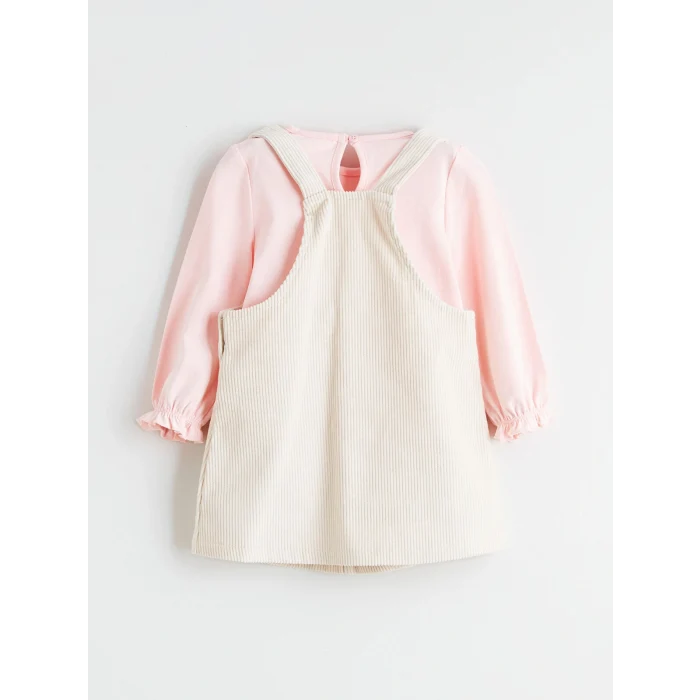 LCW baby Bej Fiyonk Detaylı Kadife Kız Bebek Salopet Elbise ve Tişört