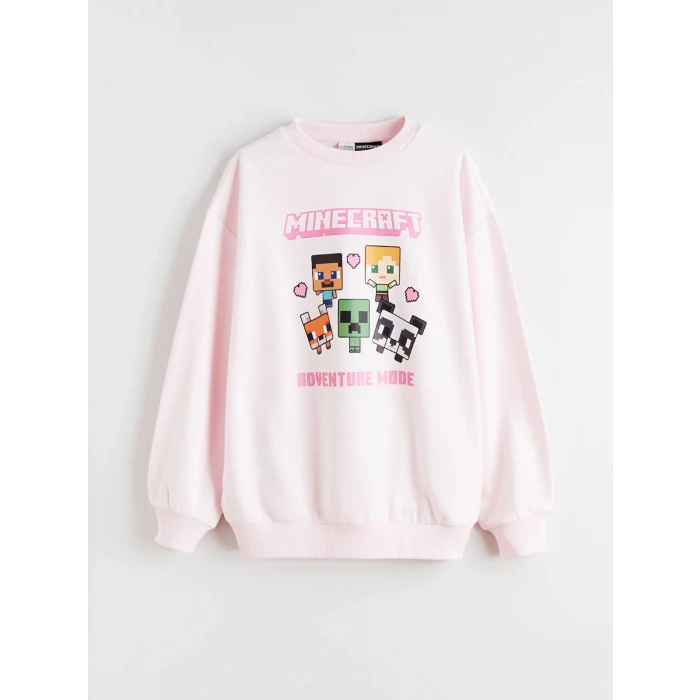 LCW Kids Pembe Bisiklet Yaka Minecraft Baskılı Kız Çocuk Sweatshirt