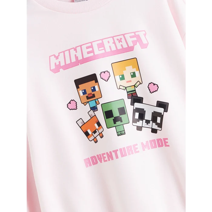 LCW Kids Pembe Bisiklet Yaka Minecraft Baskılı Kız Çocuk Sweatshirt