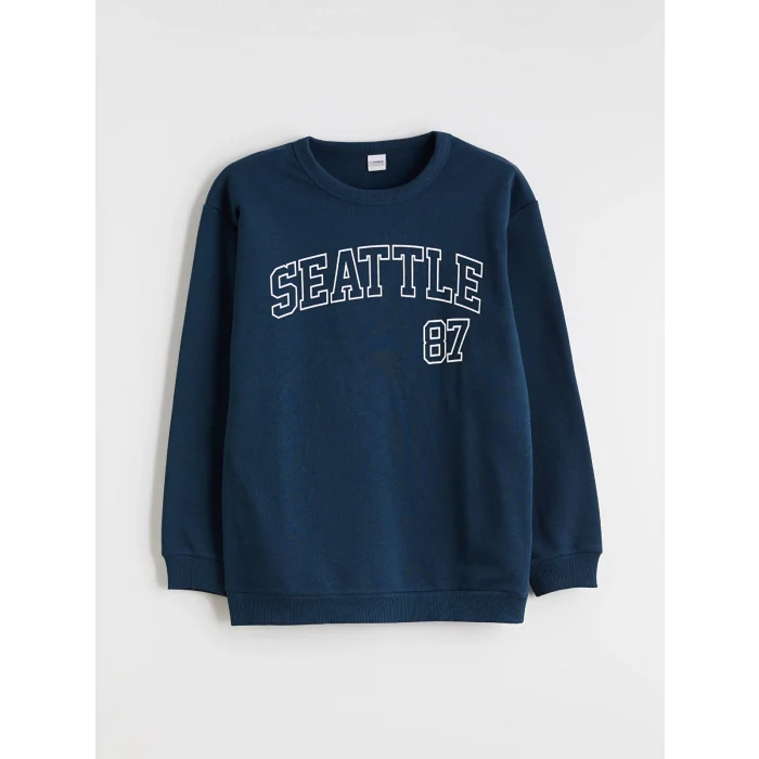 LCW Kids Petrol Bisiklet Yaka Baskılı Erkek Çocuk Sweatshirt