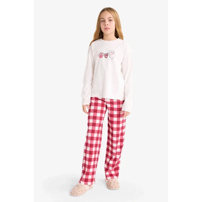 Defacto F7287A8ER103 Ekru Kız Çocuk Pijama Takımı Baskılı Uzun Kollu Üst Kareli Uzun Alt