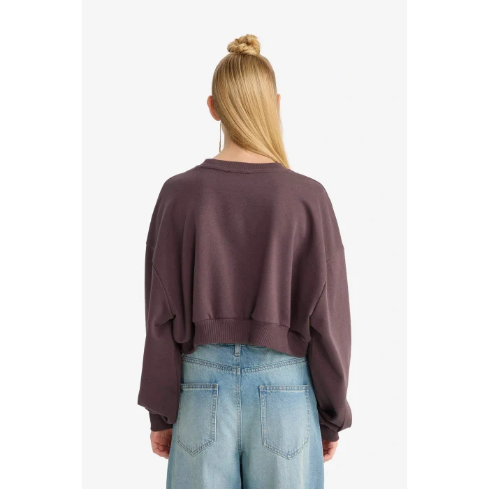 Defacto F8006AXBN549 Kahve Coool Crop Bisiklet Yaka Baskılı Kalın Sweatshirt