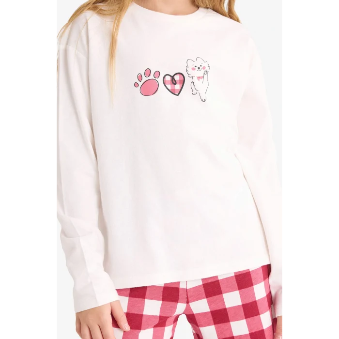 Defacto F7287A8ER103 Ekru Kız Çocuk Pijama Takımı Baskılı Uzun Kollu Üst Kareli Uzun Alt
