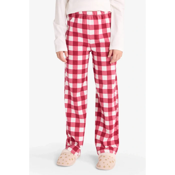 Defacto F7287A8ER103 Ekru Kız Çocuk Pijama Takımı Baskılı Uzun Kollu Üst Kareli Uzun Alt