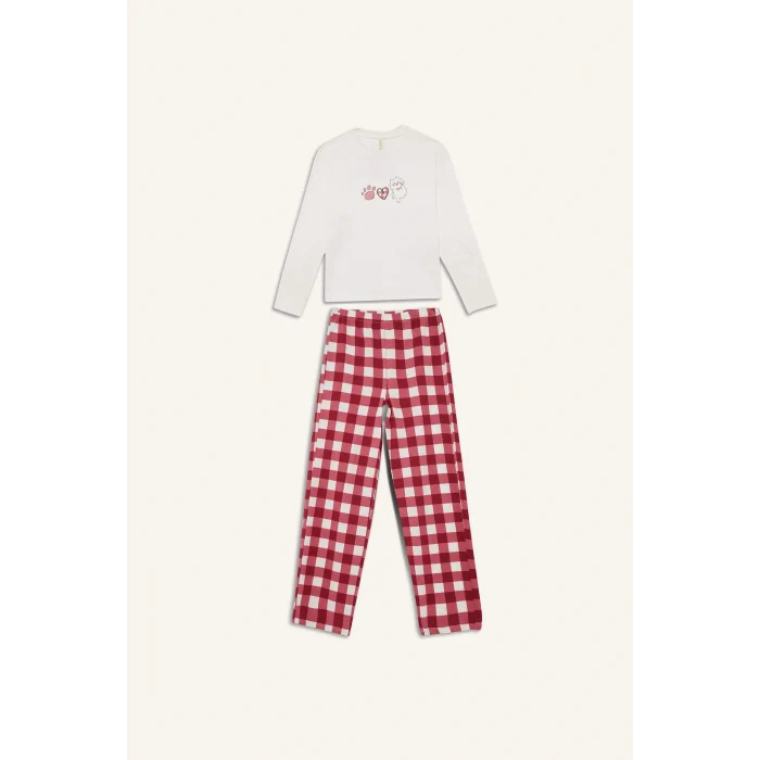 Defacto F7287A8ER103 Ekru Kız Çocuk Pijama Takımı Baskılı Uzun Kollu Üst Kareli Uzun Alt