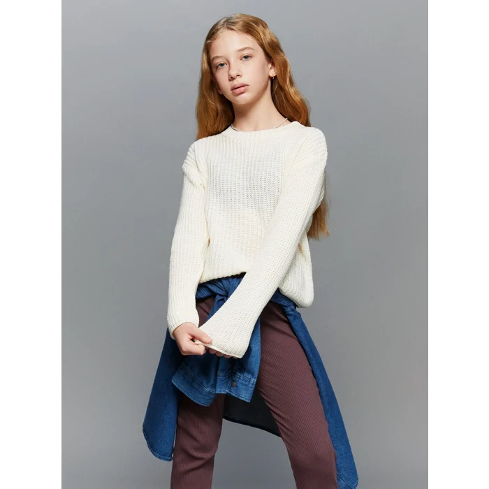 LCW Kids Ekru Bisiklet Yaka Kız Çocuk Triko Kazak