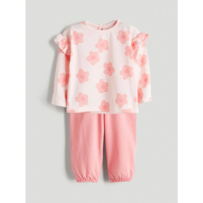 LCW baby Pembe Çiçek Baskılı Fırfırlı Kız Bebek Bluz ve Tayt 2li