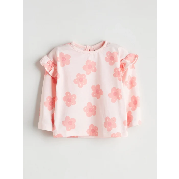 LCW baby Pembe Çiçek Baskılı Fırfırlı Kız Bebek Bluz ve Tayt 2li