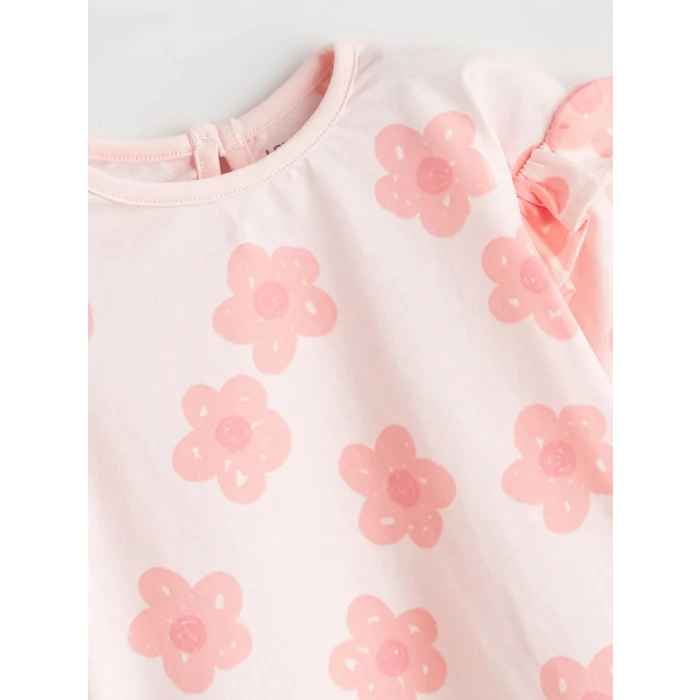 LCW baby Pembe Çiçek Baskılı Fırfırlı Kız Bebek Bluz ve Tayt 2li