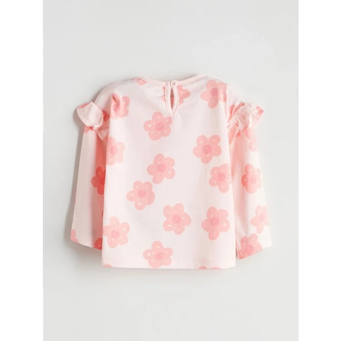 LCW baby Pembe Çiçek Baskılı Fırfırlı Kız Bebek Bluz ve Tayt 2li