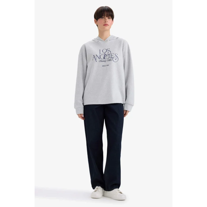 Defacto F7889AXGR93 Gri Relax Fit Kapüşonlu Baskılı Sweatshirt