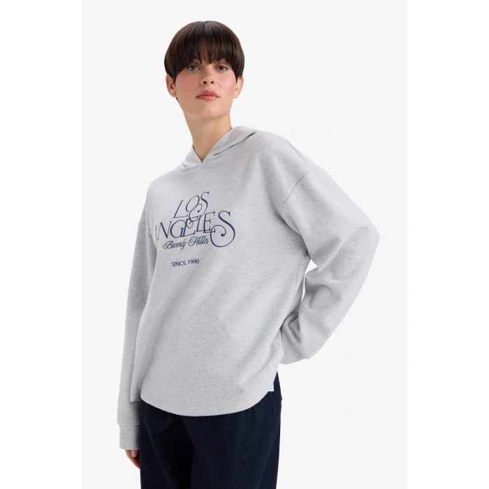 Defacto F7889AXGR93 Gri Relax Fit Kapüşonlu Baskılı Sweatshirt