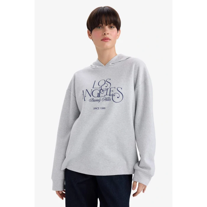 Defacto F7889AXGR93 Gri Relax Fit Kapüşonlu Baskılı Sweatshirt