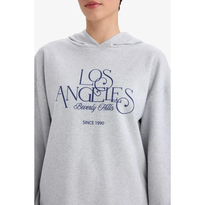 Defacto F7889AXGR93 Gri Relax Fit Kapüşonlu Baskılı Sweatshirt