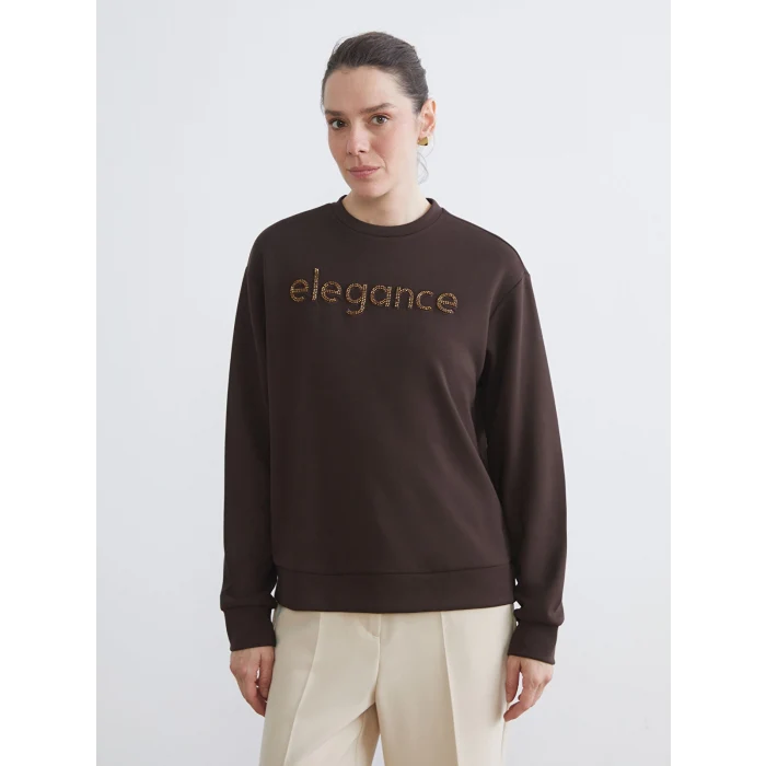 LCWAIKIKI Basic Kahverengi Bisiklet Yaka Taşlı Kadın Sweatshirt