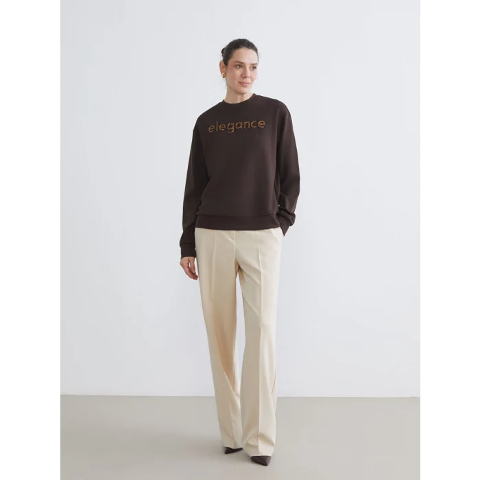 LCWAIKIKI Basic Kahverengi Bisiklet Yaka Taşlı Kadın Sweatshirt